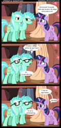 Size: 900x1880 | Tagged: safe, artist:mercury2099, artist:veggie55, character:lyra heartstrings, character:twilight sparkle, character:twilight sparkle (unicorn), species:pony, species:unicorn, before it was cool, comic, eyes closed, female, guyra, hipster, hipster glasses, male, mare, ponidox, self ponidox, spanish, stallion, translation, trio