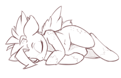 Size: 1280x822 | Tagged: safe, artist:qweeli, oc, oc only, oc:ruby rustfeather, species:pegasus, species:pony, butt freckles, eyes closed, female, freckles, monochrome, on side, shoulder freckles, sketch, sleeping, solo