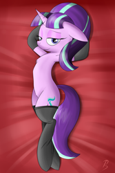 Size: 3000x4500 | Tagged: safe, artist:pj-nsfw, character:starlight glimmer, species:pony, adorasexy, bed, bedroom eyes, body pillow, body pillow design, clothing, cute, female, floppy ears, looking at you, sexy, sinfully sexy, socks, solo, stupid sexy starlight glimmer