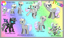 Size: 1024x614 | Tagged: safe, artist:kazziepones, artist:kimikonyanchan, oc, oc only, oc:prism, species:changeling, species:crystal pony, species:pony, baby, baby pony, changelingified, clothing, crystallized, dress, female, filly, gala dress, reference sheet, rule 63, solo, species swap, wet mane