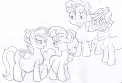 Size: 3484x2358 | Tagged: safe, artist:seenty, character:double diamond, character:night glider, character:party favor, character:sugar belle, ship:nightdiamond, ship:partybelle, equal four, female, happy, male, pencil drawing, pregnant, shipping, shocked, straight, traditional art