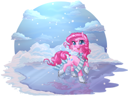 Size: 1318x988 | Tagged: safe, artist:kittehkatbar, character:pinkie pie, blushing, clothing, cloud, cute, diapinkes, female, ice, ice skates, ice skating, scarf, simple background, snow, solo, transparent background, winter
