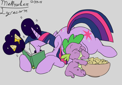 Size: 1280x895 | Tagged: safe, artist:lyracorn, artist:mellowhen, character:spike, character:twilight sparkle, character:twilight sparkle (alicorn), species:alicorn, species:pony, book, chips, chubby, fat, female, food, mare, nachos, obese, princess twilard, they're just so cheesy, twilard sparkle