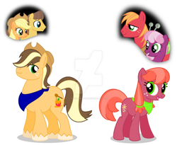 Size: 1024x839 | Tagged: safe, artist:mlp-trailgrazer, character:applejack, character:big mcintosh, character:caramel, character:cheerilee, oc, oc only, oc:apple blossom, oc:honeycrisp, parent:applejack, parent:big macintosh, parent:caramel, parent:cheerilee, parents:carajack, parents:cheerimac, species:earth pony, species:pony, ship:carajack, ship:cheerimac, bandana, clothing, cousins, freckles, hat, male, offspring, shipping, stallion, straight, watermark