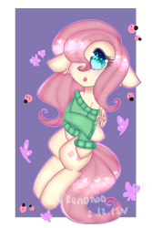 Size: 2000x3000 | Tagged: safe, artist:bunxl, character:fluttershy, species:pegasus, species:pony, bottomless, butterfly, clothing, cyan eyes, digital art, female, floppy ears, flying, green sweater, ladybug, mare, off shoulder, off shoulder sweater, open mouth, partial nudity, pink hair, pink mane, pink tail, solo, sweater, sweatershy, yellow coat