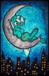 Size: 1579x2443 | Tagged: safe, artist:canvymamamoo, character:lyra heartstrings, city, cityscape, female, fluffy, moon, night, skyline, solo, tangible heavenly object, traditional art