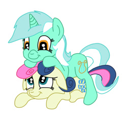 Size: 649x600 | Tagged: safe, artist:squipycheetah, character:bon bon, character:lyra heartstrings, character:sweetie drops, species:earth pony, species:pony, species:unicorn, adorabon, cute, eye contact, female, filly, floppy ears, foal, looking at each other, lyrabetes, pony pile, simple background, smiling, white background, younger