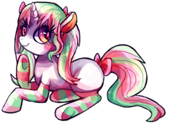Size: 1280x978 | Tagged: safe, artist:cherivinca, oc, oc only, clothing, socks, solo, striped socks, tail bow