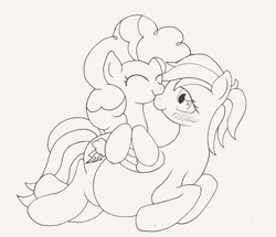 Size: 2592x2226 | Tagged: safe, artist:seenty, character:pinkie pie, character:rainbow dash, ship:pinkiedash, female, lesbian, magical lesbian spawn, monochrome, nuzzling, offspring, pen drawing, pregnant, shipping, traditional art
