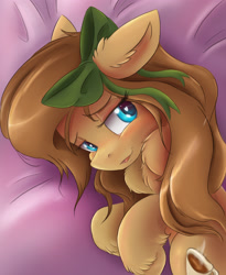 Size: 2400x2927 | Tagged: safe, artist:ardail, oc, oc only, oc:mocha latte, species:pony, bed, bedroom eyes, bow, cute, female, floppy ears, fluffy, hair bow, heart eyes, mare, morning ponies, ocbetes, on side, portrait, smiling, solo, wingding eyes