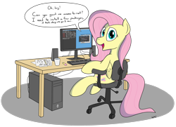Size: 2536x1840 | Tagged: safe, artist:rapidstrike, character:fluttershy, species:pegasus, species:pony, chair, computer, cute, desk, female, flutterhacker, hacker, if that's okay with you, linux, looking at you, looking back, open mouth, shyabetes, sitting, smiling, solo
