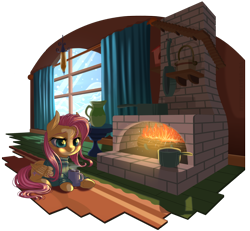 Size: 1150x1063 | Tagged: safe, artist:kittehkatbar, character:fluttershy, species:pegasus, species:pony, bottomless, clothing, drink, female, fire, fireplace, frying pan, hot chocolate, pan, partial nudity, simple background, snow, solo, sweater, sweatershy, transparent background