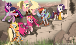 Size: 2300x1380 | Tagged: safe, artist:bonaxor, character:applejack, character:fluttershy, character:pinkie pie, character:rainbow dash, character:rarity, character:twilight sparkle, species:pegasus, species:pony, species:unicorn, amputee, armor, armorarity, augmented, badass, biohacking, cyborg, epic, eyepatch, female, implied amputation, knight, mane six, mare, prosthetic limb, prosthetic wing, prosthetics, ruins, scar