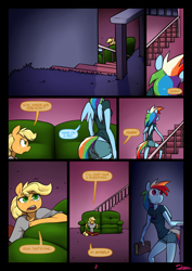 Size: 850x1200 | Tagged: safe, artist:slypon, character:applejack, character:rainbow dash, species:anthro, species:pegasus, species:pony, comic:night mares (series), comic:night mares 4, ship:appledash, breasts, comic, couch, explicit series, explicit source, female, lesbian, mare, shipping, staircase, stairs
