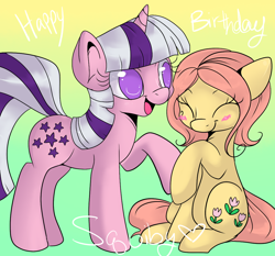 Size: 1070x996 | Tagged: safe, artist:lustrous-dreams, character:posey, species:earth pony, species:pony, species:unicorn, g1, ask, ask original twilight, blushing, duo, female, happy birthday, mare, raised hoof, sitting, smiling, standing, tumblr