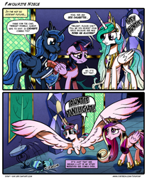 Size: 2620x3158 | Tagged: safe, artist:gray--day, character:princess cadance, character:princess celestia, character:princess flurry heart, character:princess luna, character:twilight sparkle, character:twilight sparkle (alicorn), species:alicorn, species:pony, spoiler:s06, alicorn pentarchy, aweeg*, best aunt ever, big wings, cake, comic, cute, dialogue, female, flurrybetes, food, i can't believe it's not idw, impossibly large wings, mare, misplaced wing, older, speech bubble, thanks m.a. larson, vase