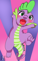 Size: 638x1024 | Tagged: safe, artist:wonton soup, character:spike, species:dragon, baby, baby dragon, blushing, claws, cute, fangs, from below, jumping, male, open mouth, signature, solo, spikabetes