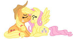 Size: 538x291 | Tagged: safe, artist:squipycheetah, character:applejack, character:fluttershy, ship:appleshy, crossed hooves, eyes closed, female, lesbian, nuzzling, raised hoof, shipping, simple background, sitting, smiling, spread wings, white background, wings