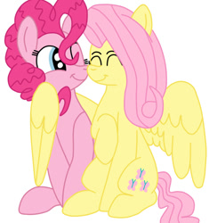 Size: 565x600 | Tagged: safe, artist:squipycheetah, character:fluttershy, character:pinkie pie, ship:flutterpie, eyes closed, female, hug, lesbian, one eye closed, shipping, simple background, sitting, smiling, spread wings, white background, winghug, wings