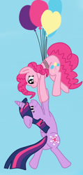 Size: 356x750 | Tagged: safe, artist:squipycheetah, character:pinkie pie, character:twilight sparkle, character:twilight sparkle (alicorn), species:alicorn, species:pony, ship:twinkie, balloon, dangling, female, folded wings, hanging on, lesbian, mare, shipping, smiling, then watch her balloons lift her up to the sky, trust, windswept mane