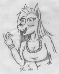 Size: 799x1000 | Tagged: safe, artist:mane-shaker, character:pinkamena diane pie, character:pinkie pie, species:anthro, big breasts, breasts, busty pinkie pie, clothing, evil, evil eyes, evil grin, female, monochrome, solo, sweater, traditional art