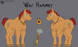 Size: 1280x778 | Tagged: safe, artist:widjetarcs, oc, oc:war hammer, species:earth pony, species:pony, amulet, growth, magic, muscle expansion, muscle growth, muscles, royal guard