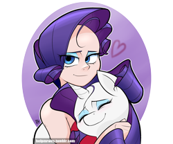 Size: 3000x2500 | Tagged: safe, artist:mrw32, character:rarity, species:human, species:pony, abstract background, cute, eye clipping through hair, eyes closed, heart, high res, human ponidox, humanized, ponidox, raribetes