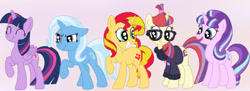 Size: 803x291 | Tagged: safe, artist:squipycheetah, character:moondancer, character:starlight glimmer, character:sunset shimmer, character:trixie, character:twilight sparkle, character:twilight sparkle (alicorn), species:alicorn, species:pony, clothing, counterparts, eyes closed, female, folded wings, glasses, jacket, magical quintet, mare, missing accessory, open mouth, raised hoof, smiling, sweater, twilight's counterparts