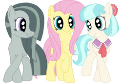 Size: 501x342 | Tagged: safe, artist:squipycheetah, character:coco pommel, character:fluttershy, character:marble pie, cocobetes, crossed hooves, cute, hair bow, hair over one eye, looking at you, marblebetes, necktie, raised hoof, shyabetes, simple background, the council of shy ponies, trio, white background