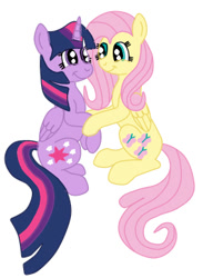 Size: 286x391 | Tagged: safe, artist:squipycheetah, character:fluttershy, character:twilight sparkle, character:twilight sparkle (alicorn), species:alicorn, species:pony, ship:twishy, female, folded wings, lesbian, mare, shipping, simple background, sitting, smiling, white background