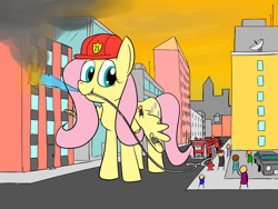 Size: 1200x900 | Tagged: safe, artist:rapidstrike, character:fluttershy, species:pegasus, species:pony, clifford the big red dog, fire, firefighter, giant pony, giantess, macro, parody