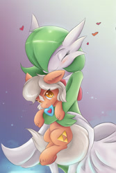 Size: 1024x1536 | Tagged: safe, artist:ardail, species:earth pony, species:pony, blushing, colored pupils, crossover, cute, epona, eponadorable, eyes closed, female, floppy ears, fluffy, gardevoir, heart, heart container, holding a pony, hug, lidded eyes, looking at you, mare, mouth hold, nintendo, nom, phone wallpaper, piece of heart, pokémon, ponified, smiling, the legend of zelda, unshorn fetlocks