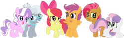 Size: 578x178 | Tagged: safe, artist:squipycheetah, character:apple bloom, character:babs seed, character:diamond tiara, character:scootaloo, character:silver spoon, character:sweetie belle, species:pegasus, species:pony, ship:scootabloom, ship:silvertiara, babsbelle, crouching, cutie mark crusaders, female, filly, lesbian, looking back, looking up, missing cutie mark, open mouth, raised hoof, shipping, simple background, smiling, spread wings, tiara, transparent background, vector, wings