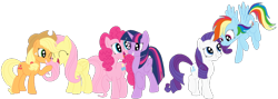Size: 1192x426 | Tagged: safe, artist:squipycheetah, character:applejack, character:fluttershy, character:pinkie pie, character:rainbow dash, character:rarity, character:twilight sparkle, character:twilight sparkle (alicorn), species:alicorn, species:pony, ship:appleshy, ship:raridash, ship:twinkie, eyes closed, female, floating, flying, folded wings, lesbian, looking down, looking up, mane six, mare, one eye closed, open mouth, raised hoof, shipping, simple background, smiling, spread wings, transparent background, vector, wings