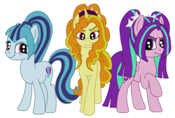 Size: 695x467 | Tagged: safe, artist:squipycheetah, character:adagio dazzle, character:aria blaze, character:sonata dusk, species:earth pony, species:pegasus, species:pony, species:unicorn, equestria girls:rainbow rocks, g4, my little pony: equestria girls, my little pony:equestria girls, crossed hooves, crossed legs, equestria girls ponified, grumpy, looking at you, looking back, ponified, ponytail, raised hoof, simple background, smiling, smirk, the dazzlings, transparent background, trio