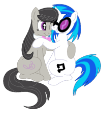Size: 400x488 | Tagged: safe, artist:squipycheetah, character:dj pon-3, character:octavia melody, character:vinyl scratch, species:earth pony, species:pony, species:unicorn, ship:scratchtavia, backwards cutie mark, bow tie, cutie mark, female, glasses, hidden eyes, hooves, horn, hug, lesbian, mare, necktie, nuzzling, one eye closed, shipping, simple background, sitting, smiling, sunglasses, teeth, transparent background, vector