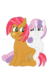 Size: 1936x2592 | Tagged: safe, artist:squipycheetah, character:babs seed, character:sweetie belle, species:earth pony, species:pony, species:unicorn, episode:bloom and gloom, g4, my little pony: friendship is magic, babsbelle, covering eyes, female, freckles, hair over eyes, hair over one eye, lesbian, looking back, looking sideways, raised hoof, shipping, simple background, sitting, transparent background, vector