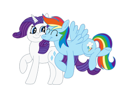 Size: 2592x1936 | Tagged: safe, artist:squipycheetah, character:rainbow dash, character:rarity, species:pegasus, species:pony, species:unicorn, ship:raridash, eyes closed, female, floating, flying, lesbian, looking back, nuzzling, raised hoof, shipping, simple background, small wings, smiling, spread wings, transparent background, wings