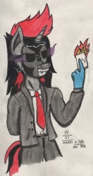 Size: 650x1227 | Tagged: safe, artist:mane-shaker, character:king sombra, oc, oc:mane shaker, species:anthro, card, clothing, colored, crossover, mask, necktie, payday, payday 2, solo, suit, traditional art