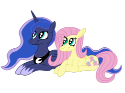 Size: 2592x1936 | Tagged: safe, artist:squipycheetah, character:fluttershy, character:princess luna, ship:lunashy, crossed hooves, female, lesbian, looking up, lying down, missing accessory, shipping, simple background, smiling, transparent background, vector