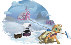 Size: 1625x1040 | Tagged: safe, artist:kittehkatbar, character:applejack, barrel, boots, clothing, female, mouth hold, scarf, shoes, simple background, snow, snow shovel, solo, sweet apple acres, transparent background, well, winter