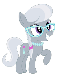 Size: 1936x2592 | Tagged: safe, artist:squipycheetah, character:silver spoon, species:earth pony, species:pony, alternate cutie mark, braid, cute, female, filly, glasses, grin, hair tie, happy, jewelry, necklace, pearl necklace, raised hoof, silverbetes, simple background, smiling, solo, squee, transparent background, vector, watermark