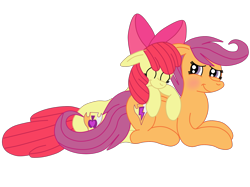 Size: 2592x1936 | Tagged: safe, artist:squipycheetah, character:apple bloom, character:scootaloo, species:earth pony, species:pegasus, species:pony, ship:scootabloom, episode:crusaders of the lost mark, g4, my little pony: friendship is magic, adorabloom, alternate cutie mark, apple bloom's bow, blushing, cute, cutie mark, eyes closed, female, filly, floppy ears, folded wings, happy, lesbian, looking back, prone, scootalove, shipping, simple background, sitting, sleeping, smiling, the cmc's cutie marks, transparent background, vector