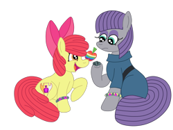 Size: 2592x1936 | Tagged: safe, artist:squipycheetah, character:apple bloom, character:boulder, character:maud pie, species:earth pony, species:pony, adorabloom, alternate cutie mark, apple, apple bloom's bow, balancing, belt, bracelet, clothing, coat, cute, duo, female, filly, food, frown, jacket, looking down, looking up, mare, maudabetes, maudbloom, open mouth, ponies balancing stuff on their nose, raised hoof, simple background, sitting, transparent background, vector, zap apple