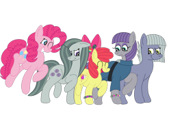 Size: 2592x1936 | Tagged: safe, artist:squipycheetah, character:apple bloom, character:boulder, character:limestone pie, character:marble pie, character:maud pie, character:pinkie pie, episode:crusaders of the lost mark, episode:hearthbreakers, g4, my little pony: friendship is magic, alternate cutie mark, alternate hairstyle, apple, apple bloom's bow, belt, bouncing, bracelet, clothing, cute, cutie mark, eyes closed, floppy ears, food, happy, hopping, jacket, looking back, looking down, marblebetes, maudabetes, one eye closed, open mouth, raised hoof, simple background, sisters, smiling, teeth, the cmc's cutie marks, transparent background, vector, walking, zap apple
