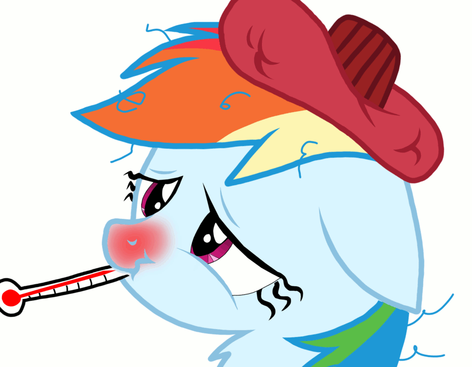 Size: 935x727 | Tagged: safe, artist:proponypal, edit, character:rainbow dash, animated, female, ice pack, red nosed, sick, solo, thermometer, vibrating