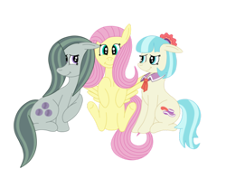 Size: 1512x1128 | Tagged: safe, artist:squipycheetah, character:coco pommel, character:fluttershy, character:marble pie, species:earth pony, species:pegasus, species:pony, episode:hearthbreakers, g4, my little pony: friendship is magic, alternate hairstyle, cocobetes, crossed hooves, cute, floppy ears, hair bow, hair bun, hair over one eye, happy, looking at you, looking back, looking up, marblebetes, necktie, shy, shyabetes, simple background, sitting, smiling, spread wings, the council of shy ponies, transparent background, trio, vector, wings