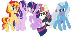Size: 3792x1936 | Tagged: safe, artist:squipycheetah, character:moondancer, character:starlight glimmer, character:sunset shimmer, character:trixie, character:twilight sparkle, character:twilight sparkle (alicorn), species:alicorn, species:pony, species:unicorn, episode:amending fences, g4, my little pony: friendship is magic, my little pony:equestria girls, counterparts, folded wings, happy, looking up, magical quintet, missing accessory, one eye closed, open mouth, raised hoof, simple background, smiling, standing, tongue out, transparent background, twilight's counterparts, vector, watermark