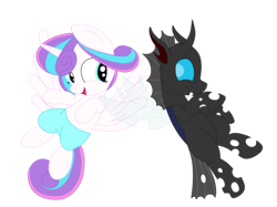 Size: 1060x791 | Tagged: safe, artist:squipycheetah, character:princess flurry heart, species:alicorn, species:changeling, species:pony, episode:slice of life, g4, my little pony: friendship is magic, spoiler:s06, clothing, cute, cuteling, duo, fangs, female, filly, floating, flurrybetes, flying, happy, kevin (changeling), kevinheart, looking back, male, mare, older, open mouth, pants, season 6, shipping, shorts, simple background, smiling, spread wings, straight, teeth, transparent background, transparent wings, vector, windswept mane, wings