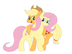 Size: 2592x1936 | Tagged: safe, artist:squipycheetah, character:applejack, character:fluttershy, species:earth pony, species:pegasus, species:pony, ship:appleshy, applejack's hat, clothing, cute, female, folded wings, freckles, happy, hat, jackabetes, lesbian, looking back, open mouth, shipping, shyabetes, simple, simple background, smiling, standing, transparent background, vector, walking